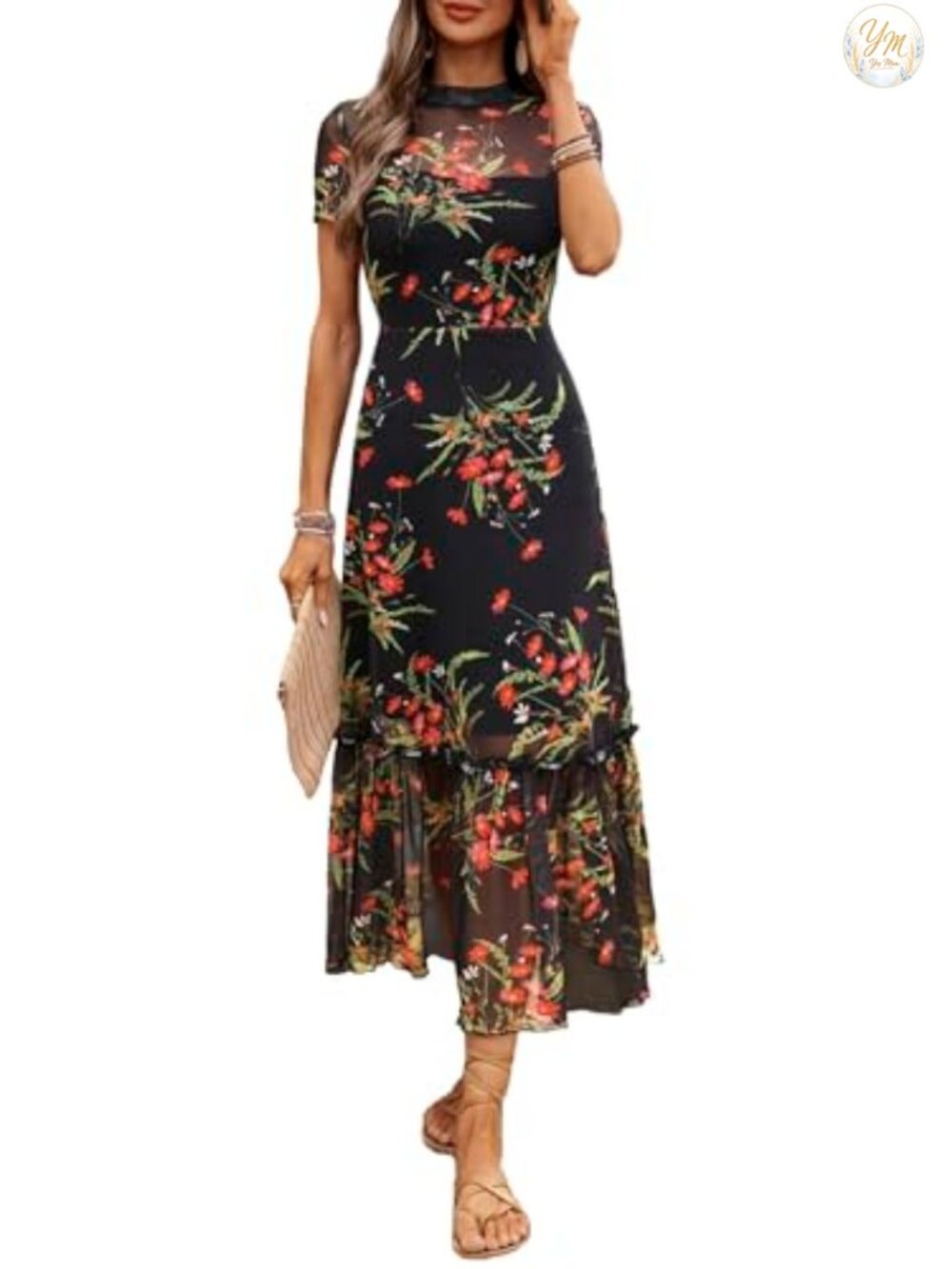 Women's Floral Mesh Ruffle Maxi Dress with Lining